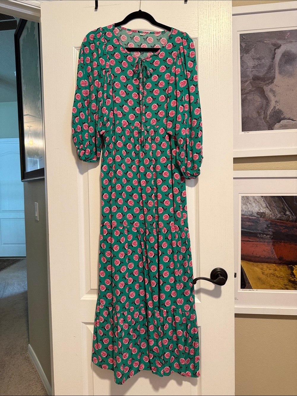 Amazon Green Maxi Dress with Pink Rose Print and Tie Neck